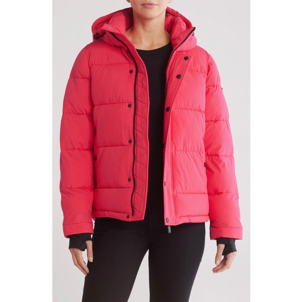 BCBGENERATION NWT MISSY HOODED THUMBHOLE SHORT FUCHSIA PUFFER JACKET. SIZE M - Picture 3 of 16